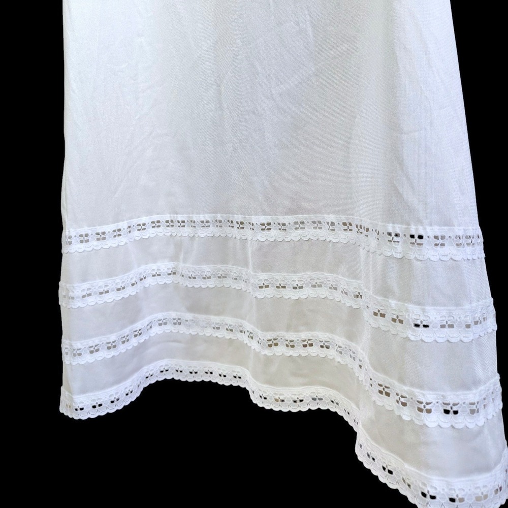 Vintage 80s Long White Nylon Slip Dress Size Med | Bridal Lace Trim Maxi Slip - Picture 3 of 8